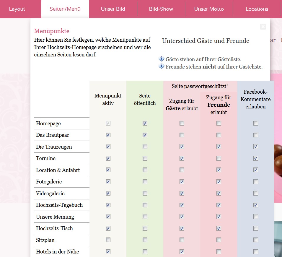 Hochzeitshomepage Seiten schtzen mit Passwort